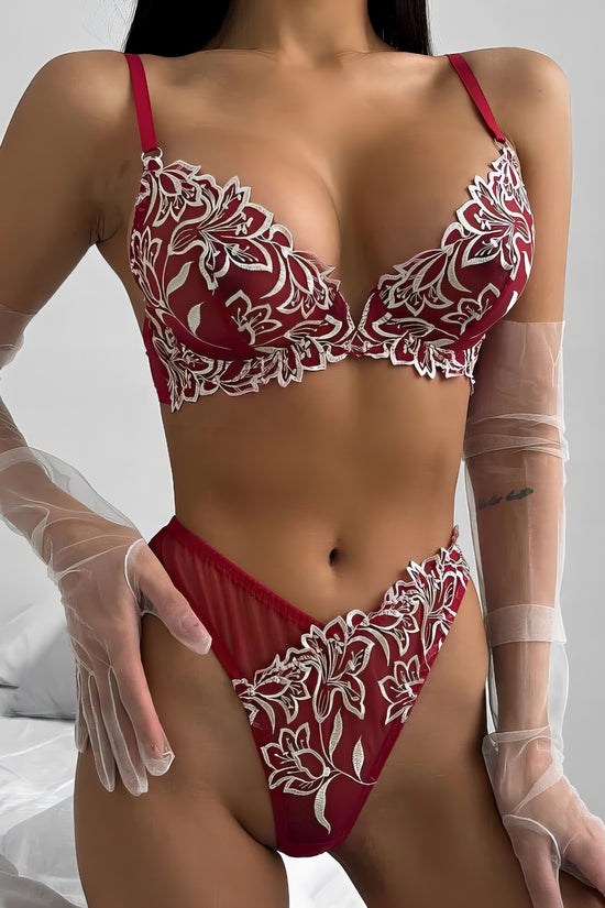 Woman wearing a red mesh 2-piece lingerie set with white embroidery, posing on a white background