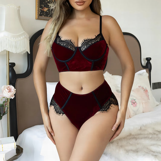 Woman wearing a red mesh 2-piece lingerie set with embroidery, posing on a white background