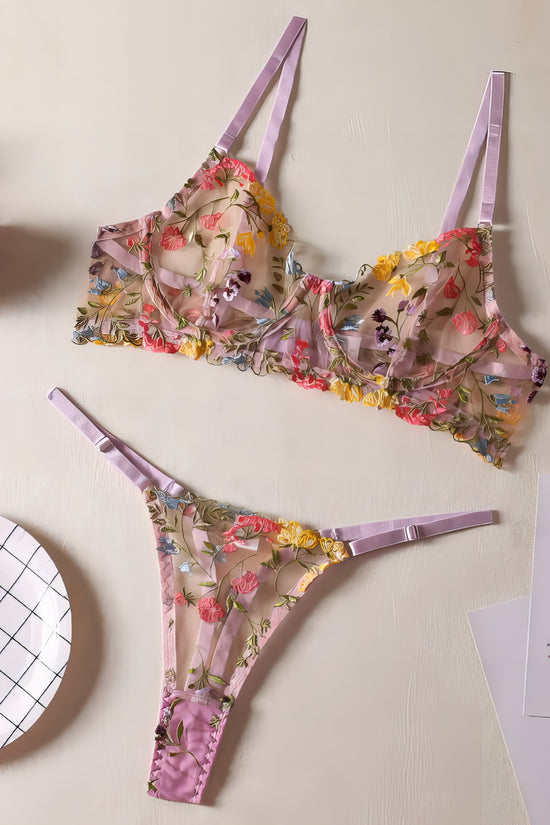 A purple mesh 2-piece lingerie set with color embroidery, posing on a white background