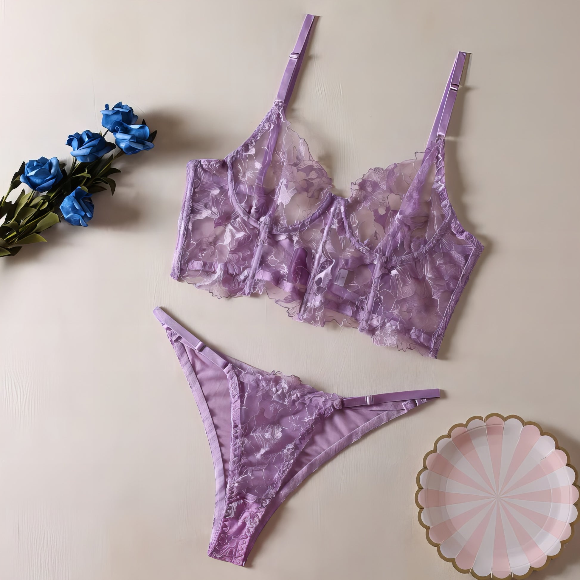  a purple mesh 2-piece lingerie set with embroidery, posing on a white background