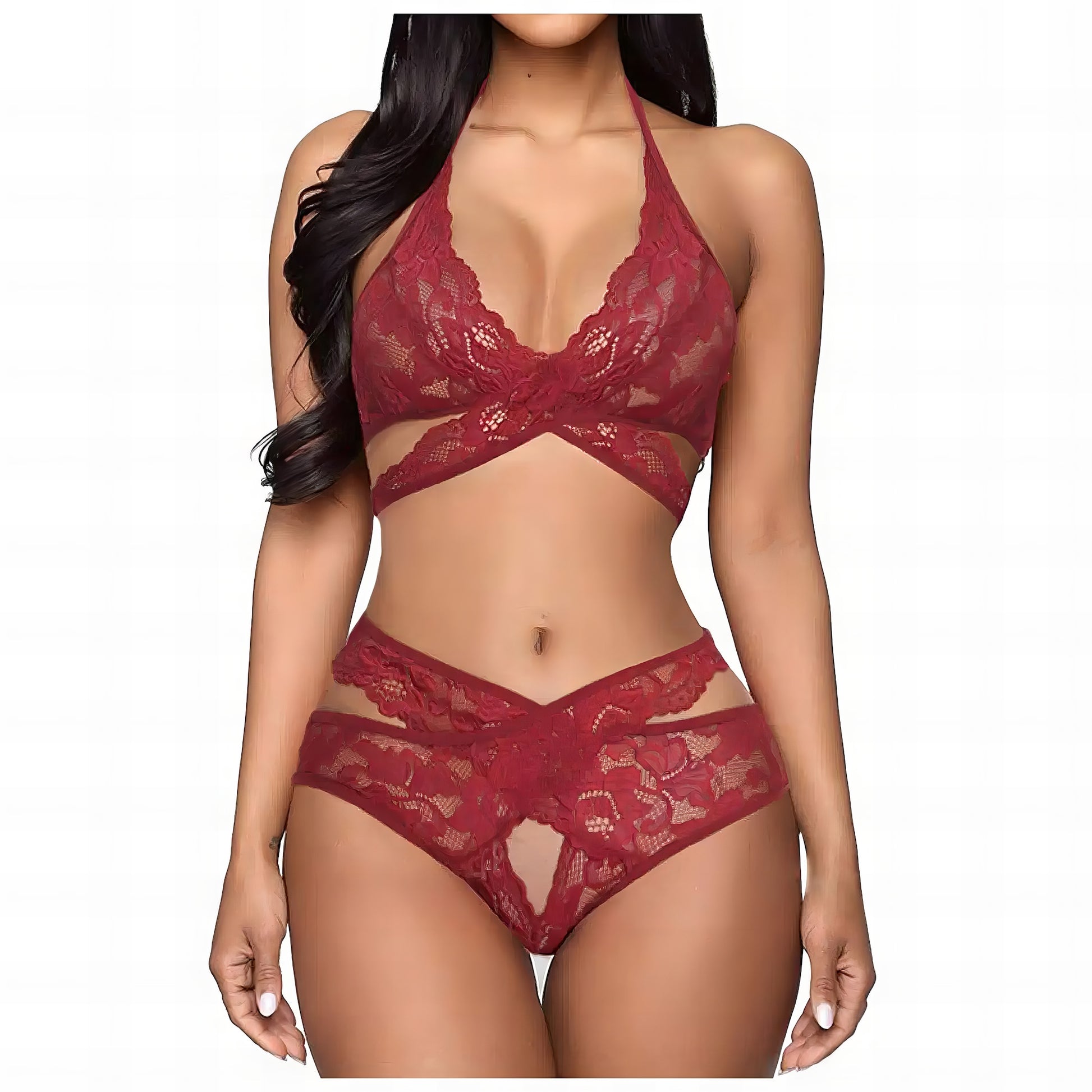 Woman wearing a red mesh 2-piece lingerie set with embroidery, posing on a white background