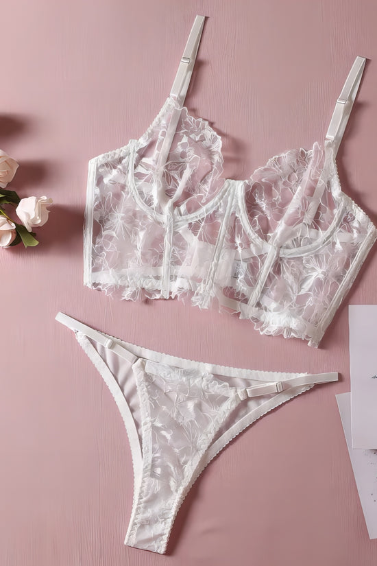  a white mesh 2-piece lingerie set with embroidery, posing on a white background