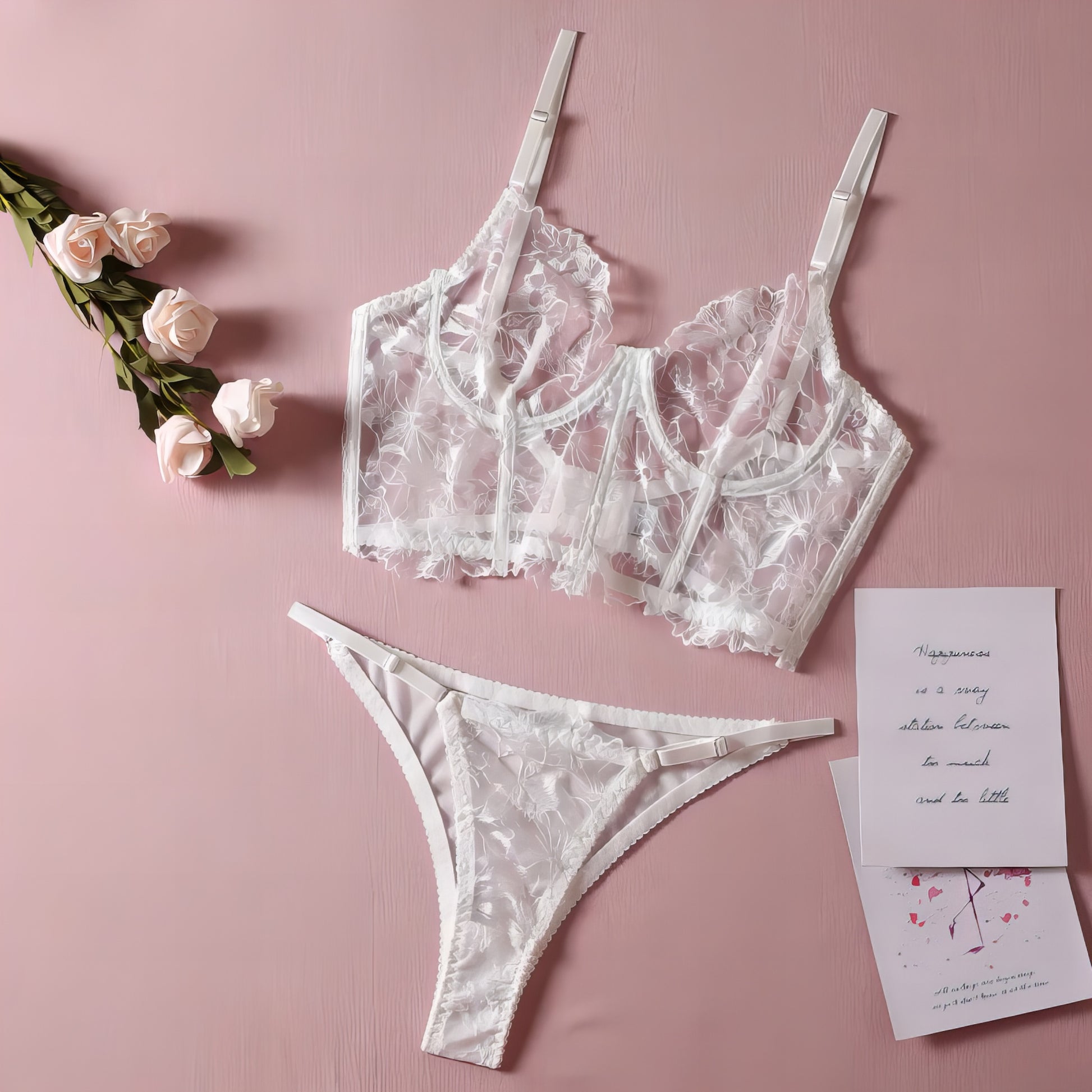  a white mesh 2-piece lingerie set with embroidery, posing on a white background