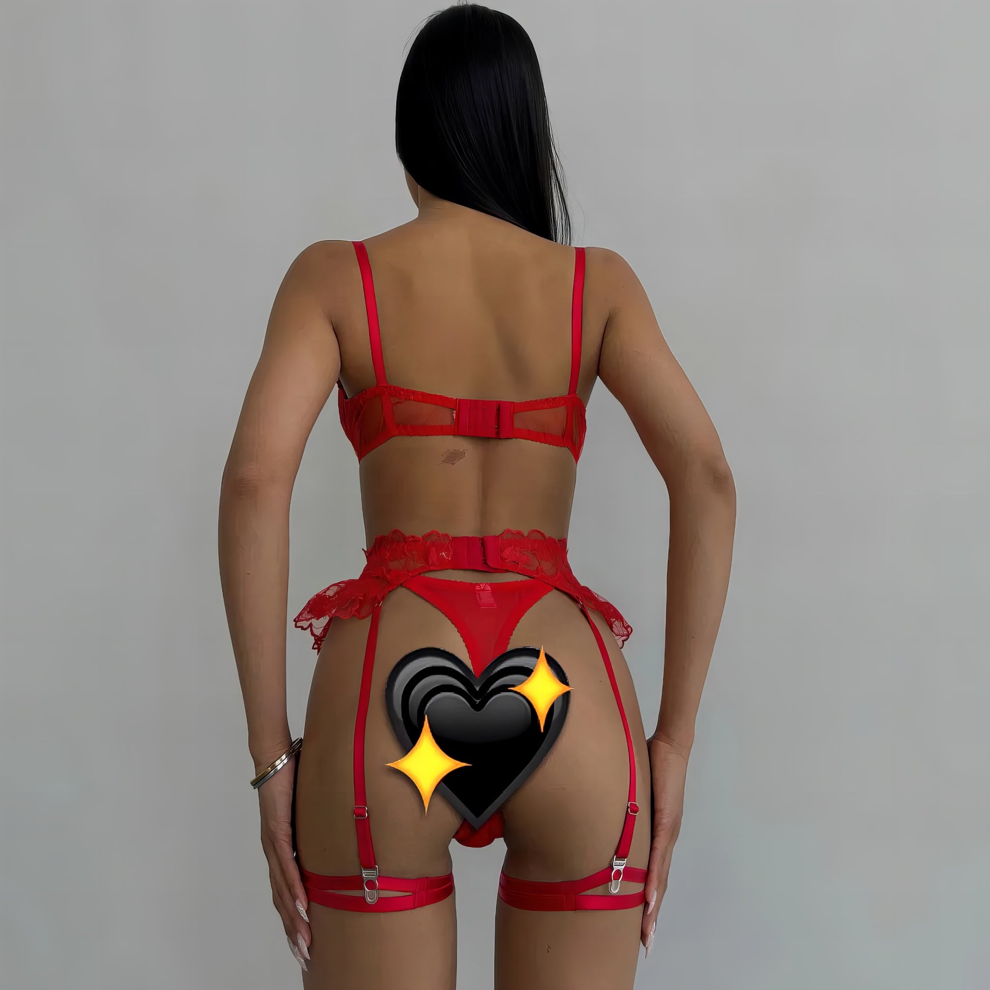 Woman wearing a red mesh 2-piece lingerie set with embroidery, posing on a white background