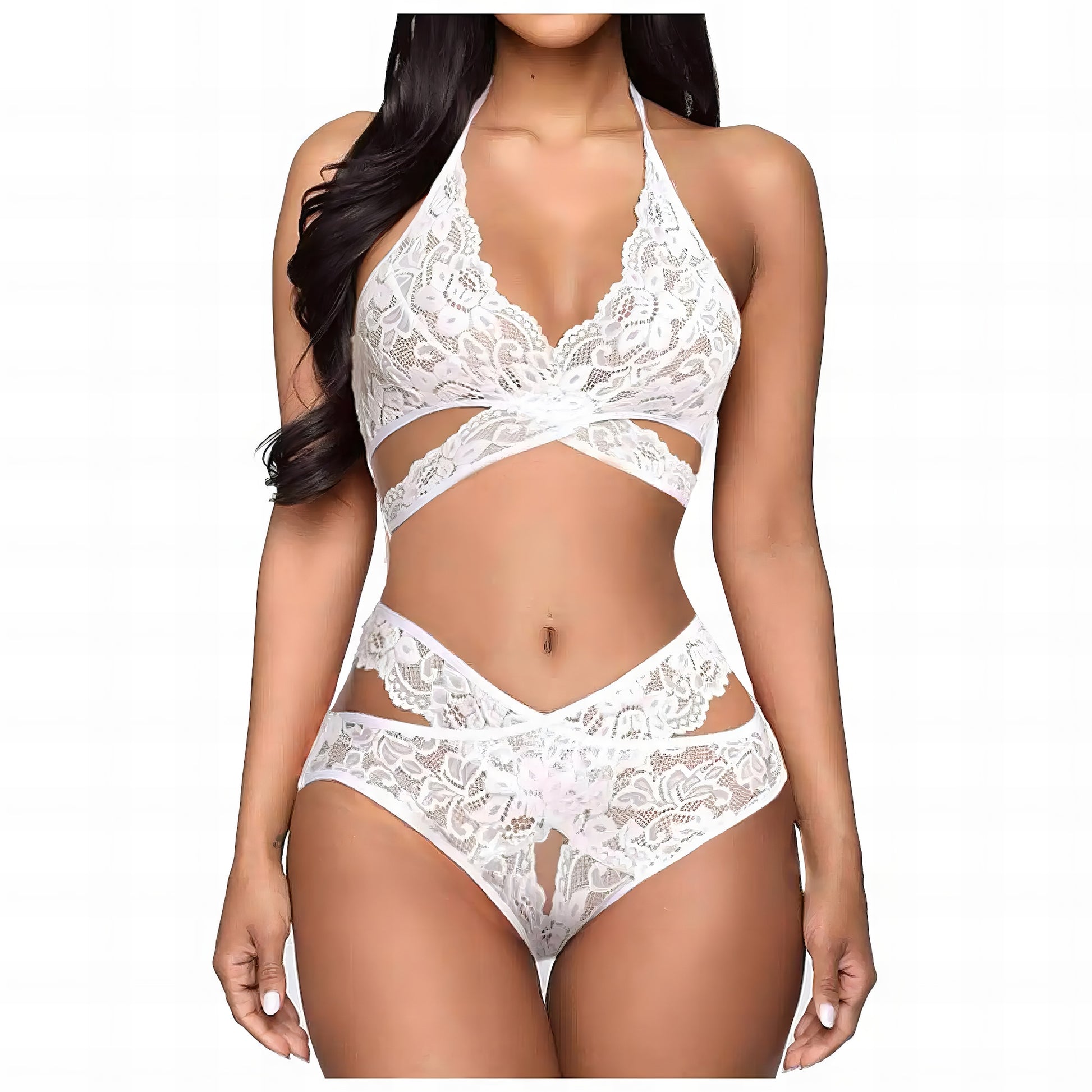 Woman wearing a white mesh 2-piece lingerie set with embroidery, posing on a white background